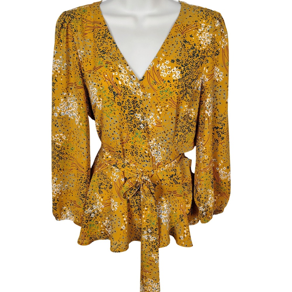 LOFT Mustard Yellow Floral Wrap Blouse Long Sleeve Petite Medium MP summer